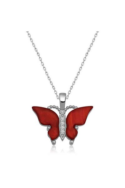 Skygo Silver Red Tiger Eye Jewelled Butterfly Necklace