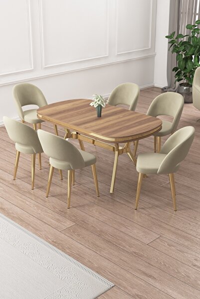 Canisa Jita Serisi 90x168 Lak Panel Hazar Gold Ayak Masa Takımı ve 6 Krem Sandalye