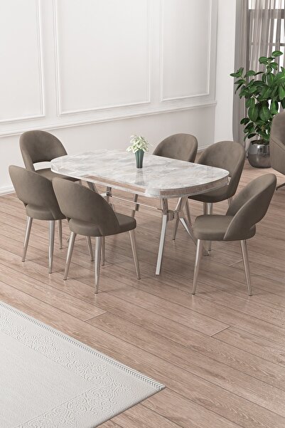 Canisa Jita Serisi 90x168 Lak Panel Rampla Gri Krom Ayak Masa Takımı ve 6 Cap...