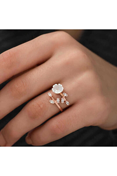 Skygo 925 Ayar Gümüş Rose Beyaz Bahar Çiçeği Yüzük