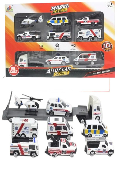 SmartFox Toy Ambulance Set - 1:64 - 8 Pieces Metal Ambulance Vehicles and Transporter Truck