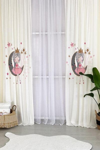 Lolla Girl Sitting on the Moon White Background Curtain 86