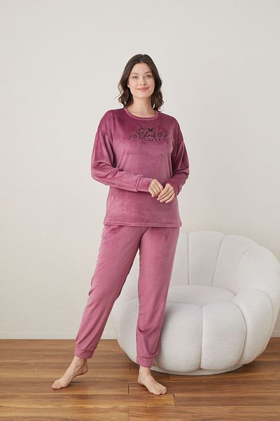 Meri Women's Powder Long Sleeve Crew Neck Solid Color Velvet Printed Pajamas Set