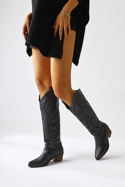 Limoya Dani Black Embroidery Λεπτομερείς γυναικείες μπότες Western, Cowboy με μυτερή μύτη