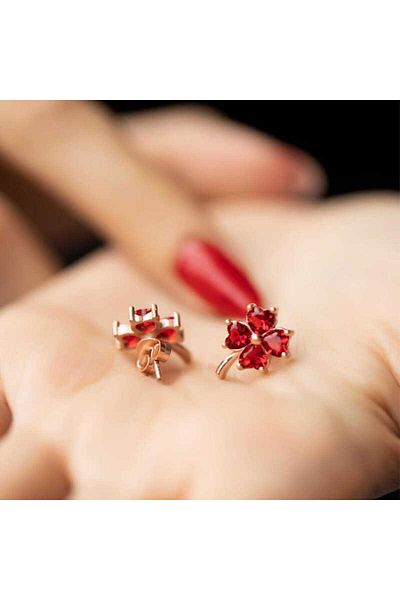 Skygo Silver Red Clover Earrings with Heart