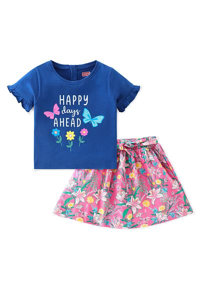 Babyhug Babyhug 100% Cotton Knit Half Sleeves Top and  Skirt with Floral Print - Navy Blue