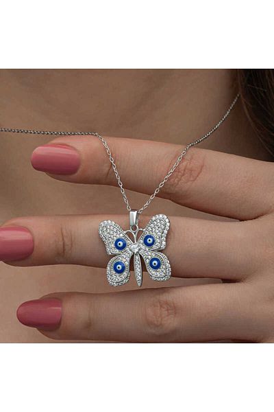 Skygo Butterfly Patterned Silver Evil Eye Women's Necklace