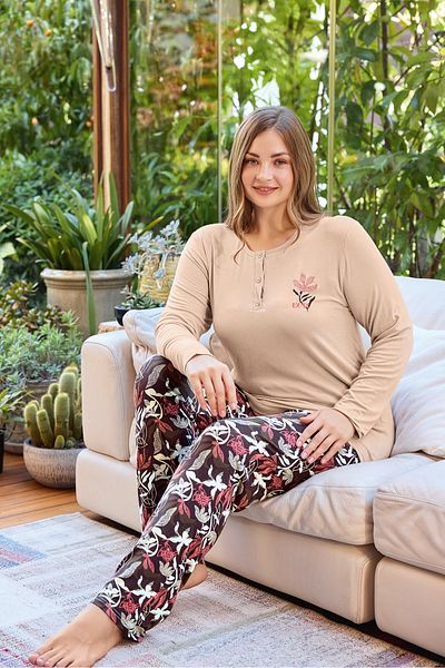 Prestij İç Giyim Women's Cotton Plus Size Long Sleeve Crew Neck Print Pajamas Set