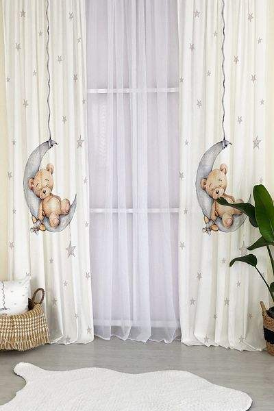 Lolla Evmila Lying on the Moon Teddy Bear Pattern Children's Room Patterned Background Curtain
