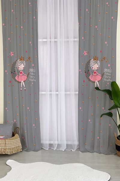 Lolla Gray Moon Girl Patterned Baby and Children's Room Background Curtain