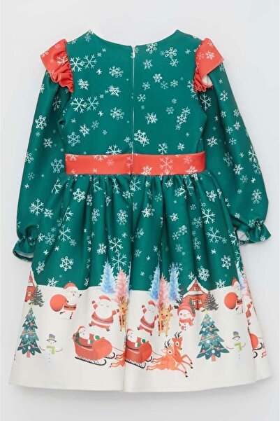 Riccotarz Πράσινο χριστουγεννιάτικο φόρεμα για κορίτσια με βολάν από ελάφια και νιφάδα χιονιού