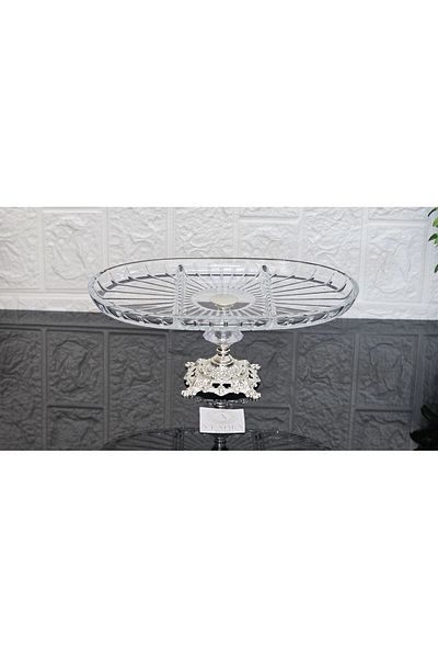 atabey home collection صب فضي مخطط من Elegance Pasabahce - طبق عرض سفلي بيضاوي وطبق تقديم 27 سم
