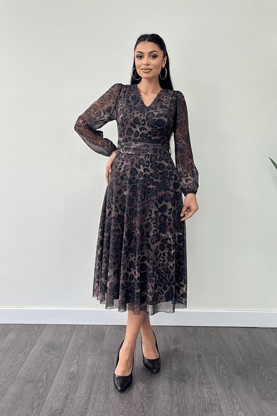 giyimmasalı V-Neck Tulle Midi Dress - Yilan Pattern