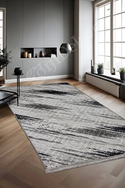 Dijidekor Halı Siyah Cool Karo Yıkanabilir Saçaklı Kesme Ince Yolluk Kilim Sa...