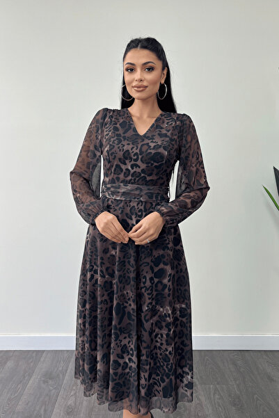 giyimmasalı V-Neck Tulle Midi Dress - Yilan Pattern