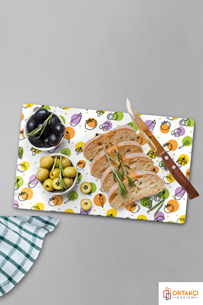 Ortakçı Design Renkli Sebze Desenli | Temperli Cam Kesme Tahtası - Cam Kesme Tablası 30*40 Cm