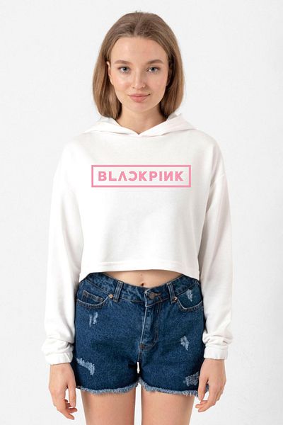 Tshirthane Blackpink Ecru Women's Crop Hooded Sweatshirt
