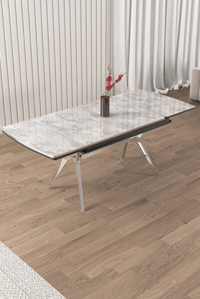 Canisa Weps Serisi 89x150 Açılabilir Lak Panel Rampla Gri Krom Ayak Masa Takımı ve 6 Gri Sandalye