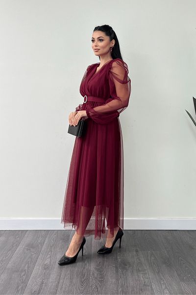 giyimmasalı Tulle Fabric Double Breasted Neck Stone Belt Detail Dress - Bordo