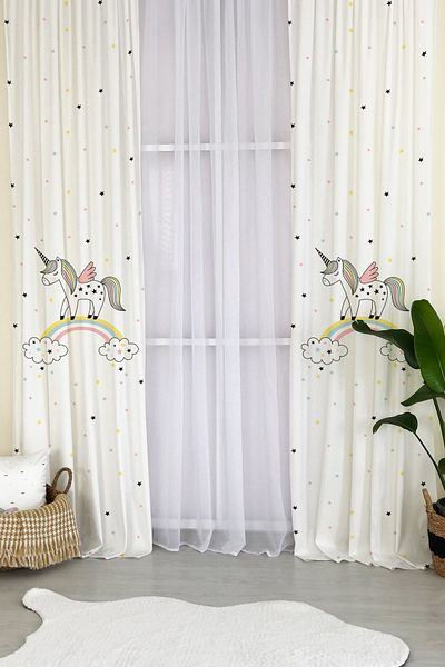 Lolla Evmila White Unicorn Children's Room Patterned Background Curtain