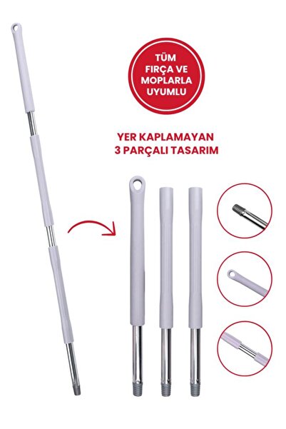 Flora Tüm Vidalı Fırça ve Temizlik Gereçleriyle Uyumlu Mop Sapı, 3 Parçalı, Çok Amaçlı Ayrılabilir Gri