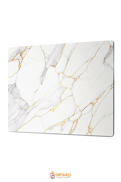 Ortakçı Design Gold Beyaz Detaylı Mermer Desenli | Temperli Cam Kesme Tahtası - Cam Kesme Tablası 20*30 Cm