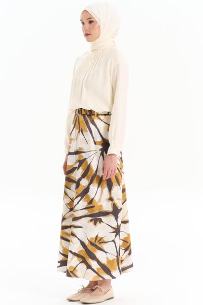 Tuğba Kemerli Desenli Godeli Etek - Hardal