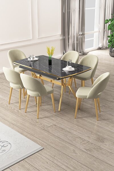 Canisa Weps Serisi 89x150 Açılabilir Lak Panel Siyah Mermer Gold Ayak Masa Ta...