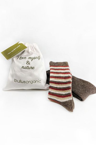 Buluş Organic Комплект от 2 детски зимни дебели чорапи до глезена от органична вълна на кафяви райета