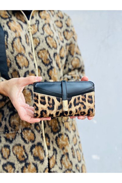 Çanta Trend Kadın Leopar  Aksesuar Turuncu Renk Kartlık Cüzdan