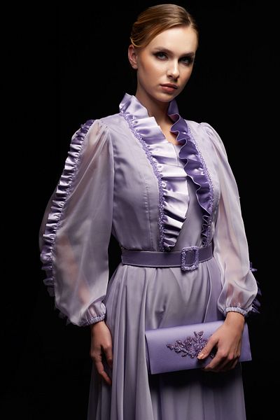 İnce Long Chiffon Evening Dress with Neckline Embroidery and Ruffle Detail Plus Size Gown