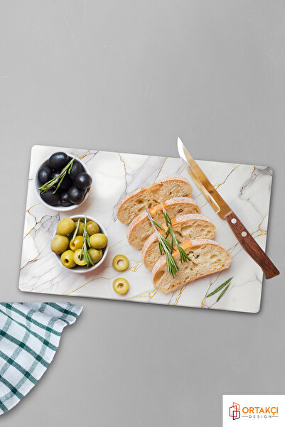 Ortakçı Design Gold Beyaz Detaylı Mermer Desenli | Temperli Cam Kesme Tahtası - Cam Kesme Tablası 20*30 Cm