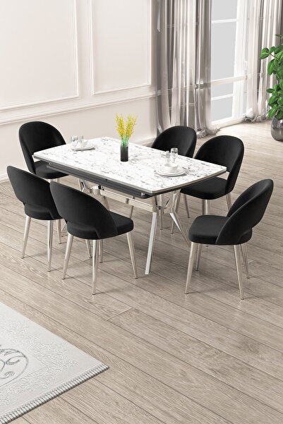 Canisa Weps Serisi 89x150 Açılabilir Lak Panel Beyaz Mermer Krom Ayak Masa Takımı ve 6 Siyah Sandalye