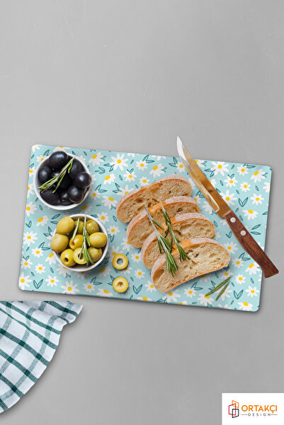 Ortakçı Design Mavi Papatya Desenli | Temperli Cam Kesme Tahtası - Cam Kesme Tablası 20*30 Cm