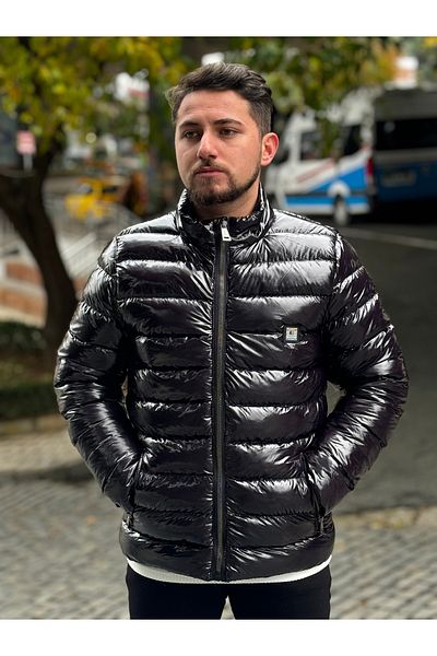 Oliggopol Ανδρικό μαύρο υδατοαπωθητικό αντιανεμικό υφασμάτινο γιακά γυαλιστερό πουπουλένιο παλτό
