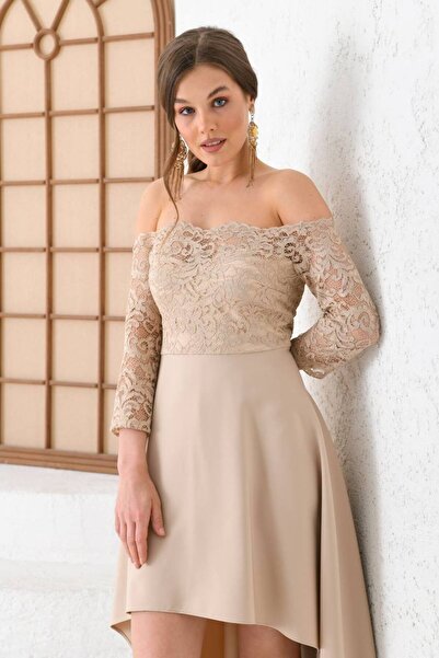 BK BOUTİQUE Önü Kısa Arkası Uzun Madonna Yaka Dantel Detaylı Elbise Abiye