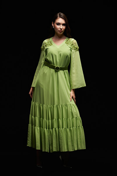 İnce V yaka Omuzu İşleme detaylı Fırfırlı Uzun Abiye Şifon Elbise