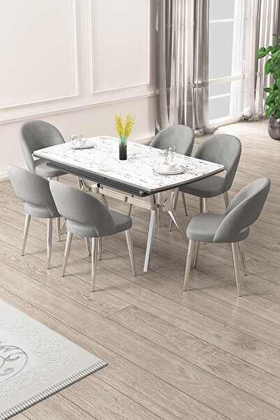 Canisa Weps Serisi 89x150 Açılabilir Lak Panel Beyaz Mermer Krom Ayak Masa Ta...