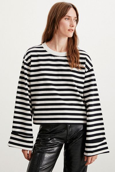 GRIMELANGE Nelda Damen-T-Shirt mit schwarz-weißem Streifenmuster, langen, weiten Ärmeln, Rundhalsausschnitt, Schwarz-Weiß