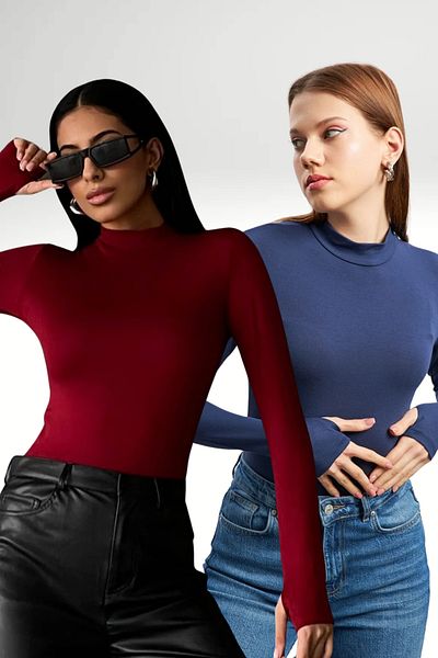 Bipantolon Γυναικείο μπλουζάκι Navy Blue Claret Red 2 τεμαχίων με λεπτομέρεια στα δάχτυλα