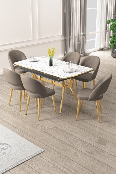 Canisa Weps Serisi 89x150 Açılabilir Lak Panel Beyaz Mermer Gold Ayak Masa Ta...