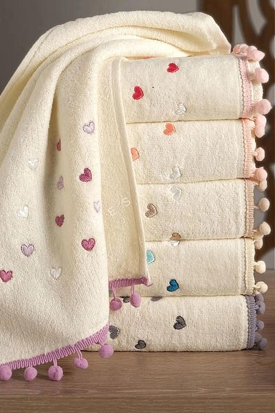 Meslina Home Set prosoape brodate 3 piese cu pompoane Prosoape bucatarie 30x50 Cm-HS-PONPON-NO2