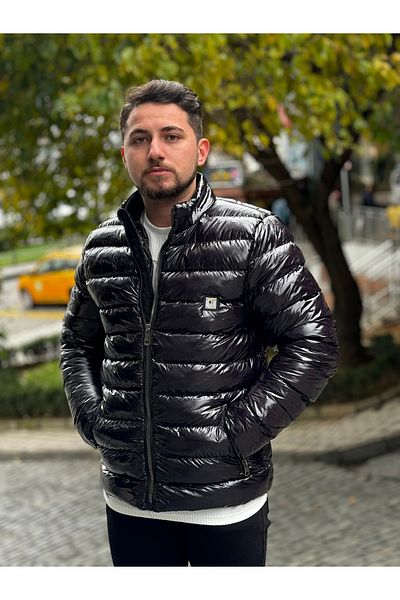 Oliggopol Ανδρικό μαύρο υδατοαπωθητικό αντιανεμικό υφασμάτινο γιακά γυαλιστερό πουπουλένιο παλτό