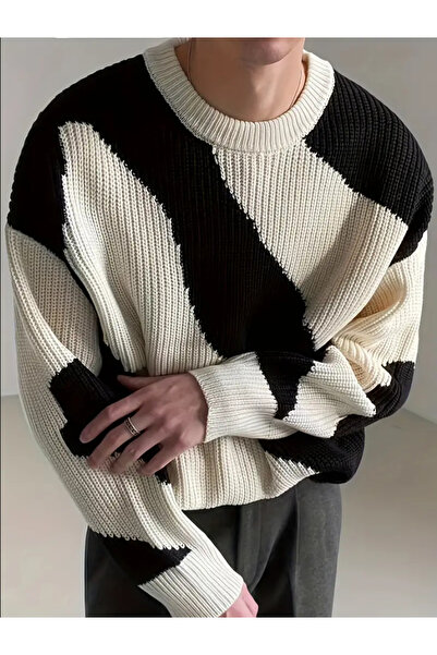 Tarz Cool Men's Black-White Regular Fit Knitwear Sweater