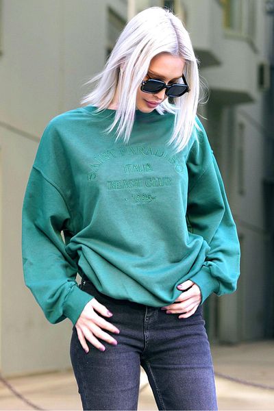 Madmext Green Crew Neck Printed Sweatshirt Mg1924