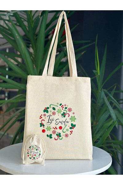 bezçantadünyası Christmas Raw Cloth Shoulder Bag & Pouch Set