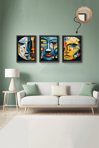 wudie Pictură decorativă din 3 piese, cu cadru din lemn, pictură abstractă, p...