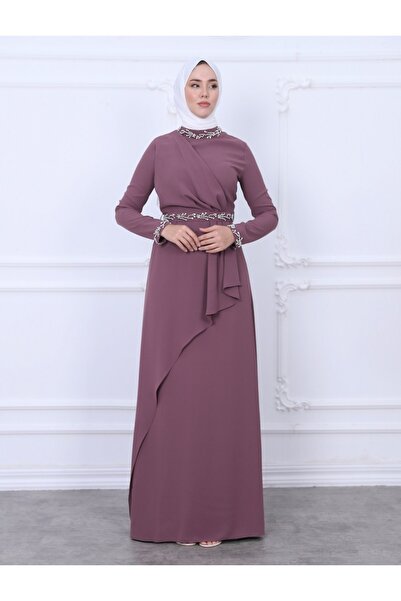 Modamorfo Večerné šaty s nádherným golierom a rukávmi s korálkovým detailom