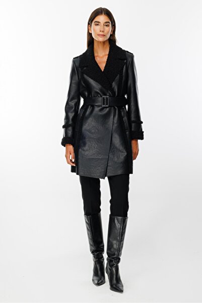 Moda İlgi Modailgi  İçi Peluşlu Kemerli Deri Kaban Siyah