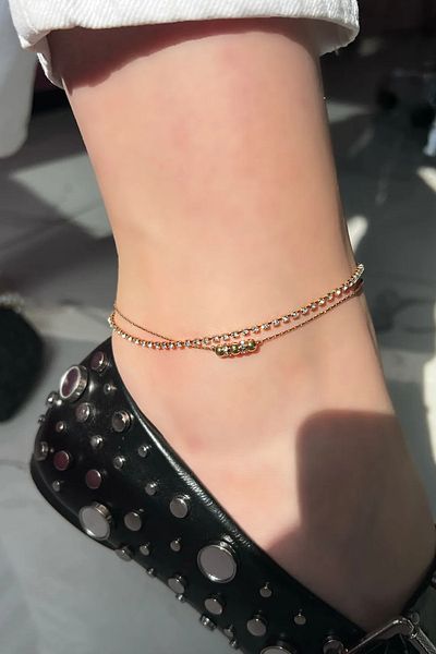 Saint Charmes Gold Color Stone Detailed Double Chain Anklet